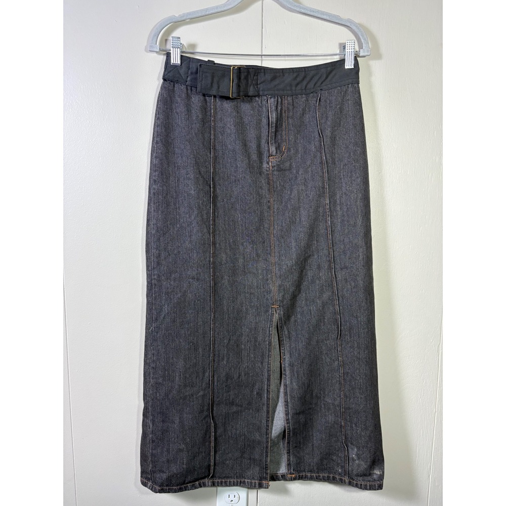 Vtg Faded Glory 1972 Black Denim Maxi Skirt Belted Front Slit Y2K Western 6